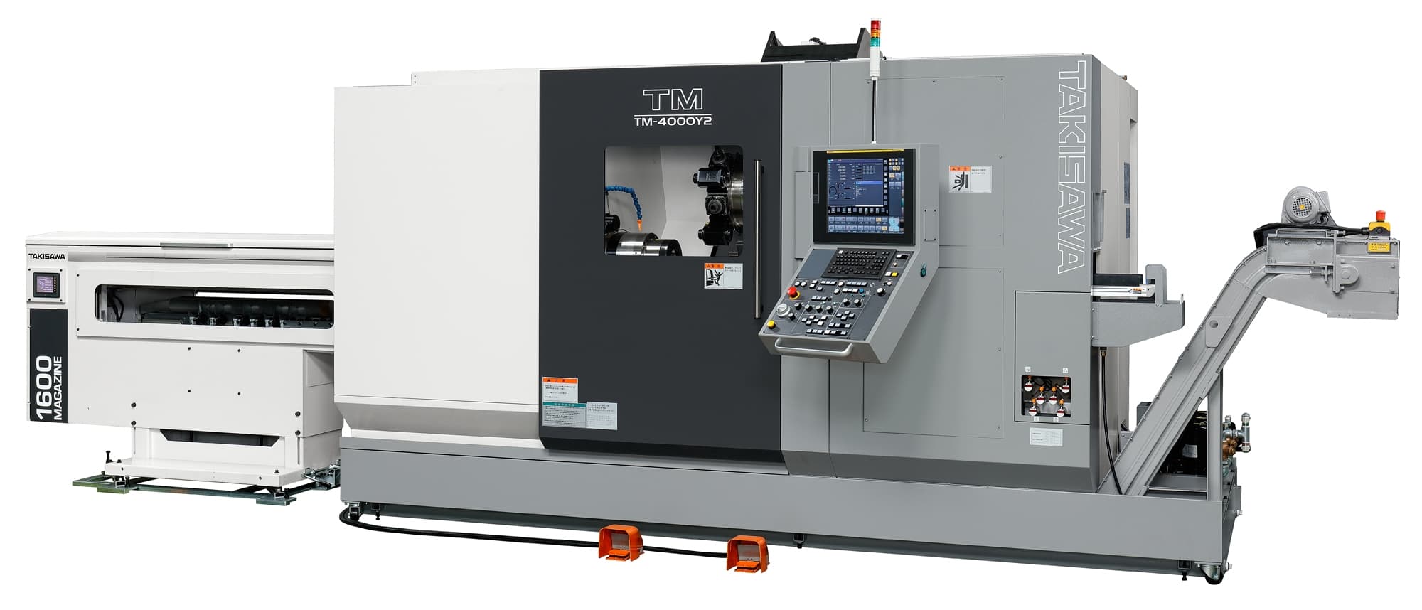 Die TM-4000Y2 CNC-Drehmaschine von Takisawa, von rechts mit geschlossener Tür und integriertem Stangenlader, illustriert das effiziente Layout und die fortschrittliche Technologie für optimierte Produktionsprozesse.