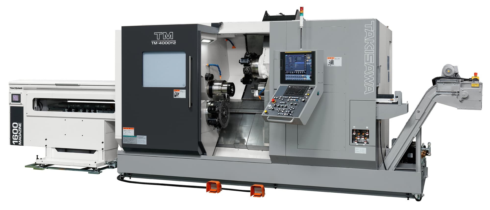 CNC-Drehmaschine TM-4000Y2 von Takisawa, Ansicht von rechts mit geöffneter Tür, zeigt den Stangenlader und den komplexen Innenraum der Maschine, hervorgehoben durch die 4-Achsen Multi-Tasking-Fähigkeit und die hohe Produktivität.