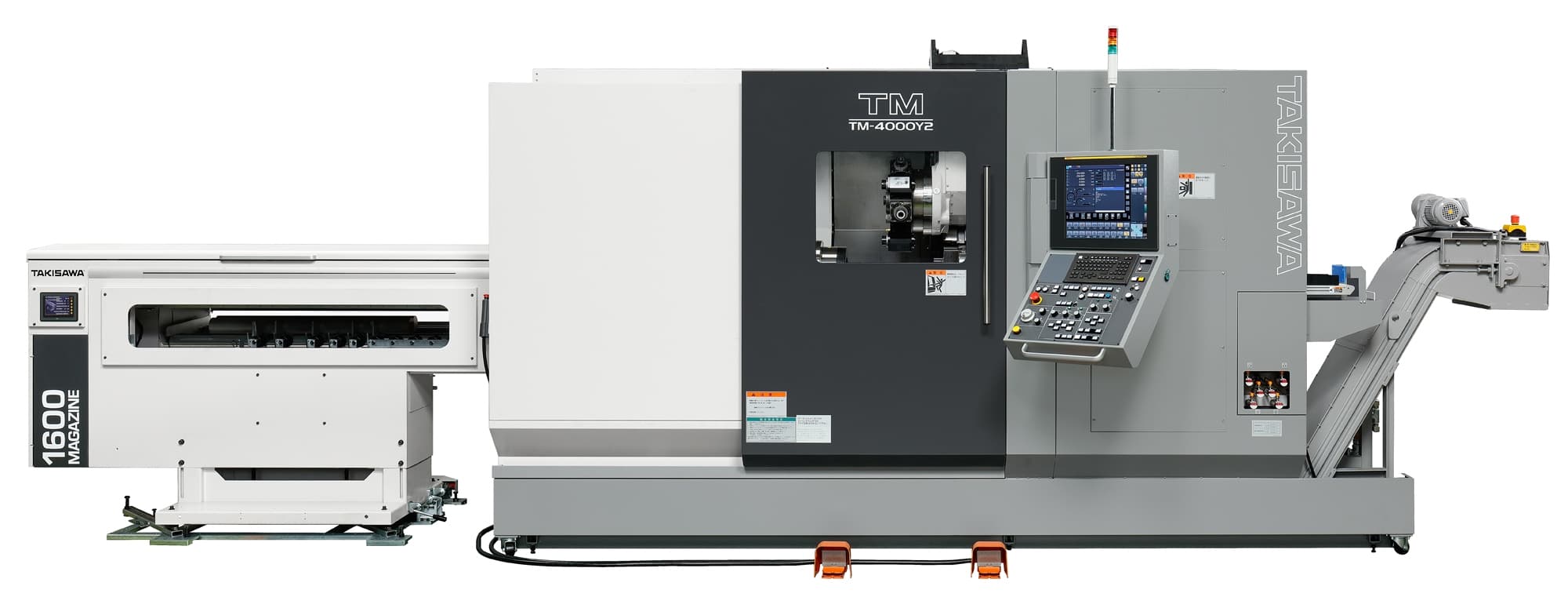 Frontansicht der Takisawa TM-4000Y2 CNC-Drehmaschine mit geschlossener Tür und Stangenlader, präsentiert die kompakte Statur und die hochproduktive Technik, ideal für effizientes Arbeiten.