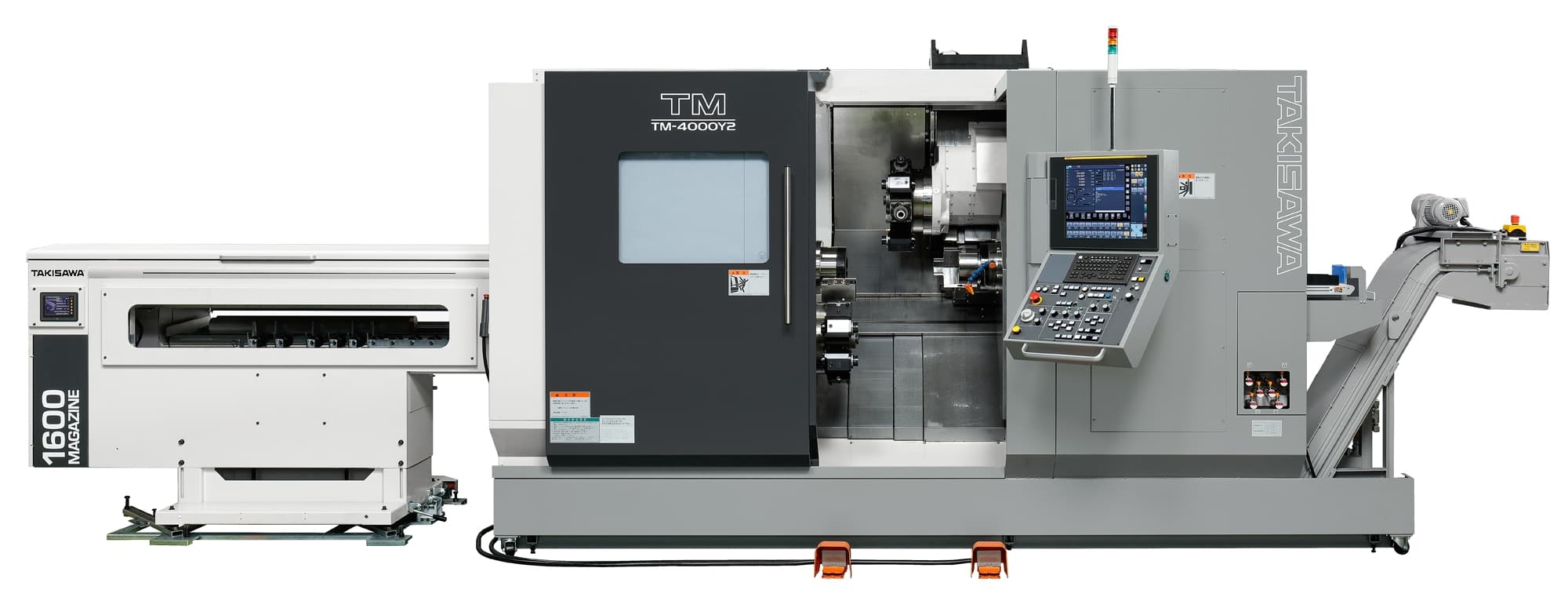Takisawa TM-4000Y2 CNC-Drehmaschine in Frontansicht mit offener Tür, zeigt den Stangenlader und die duale Y-Achsen-Konfiguration, hervorragend für präzise Multi-Tasking-Bearbeitung.